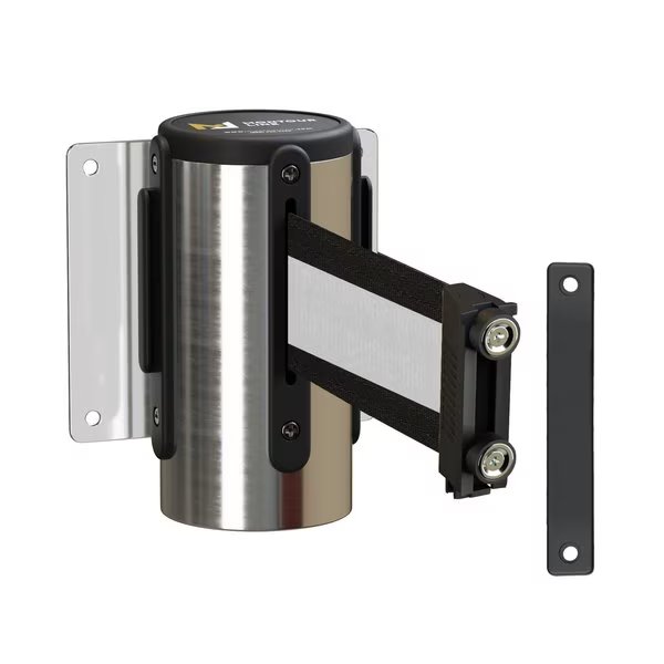 Retr. Belt Barrier Fxd Pol. Stainless, Metal Wall Mt 8.5' Bk/W H Belt, Montour Line, Mfr#: WM115-PS-BWH-F-M-85